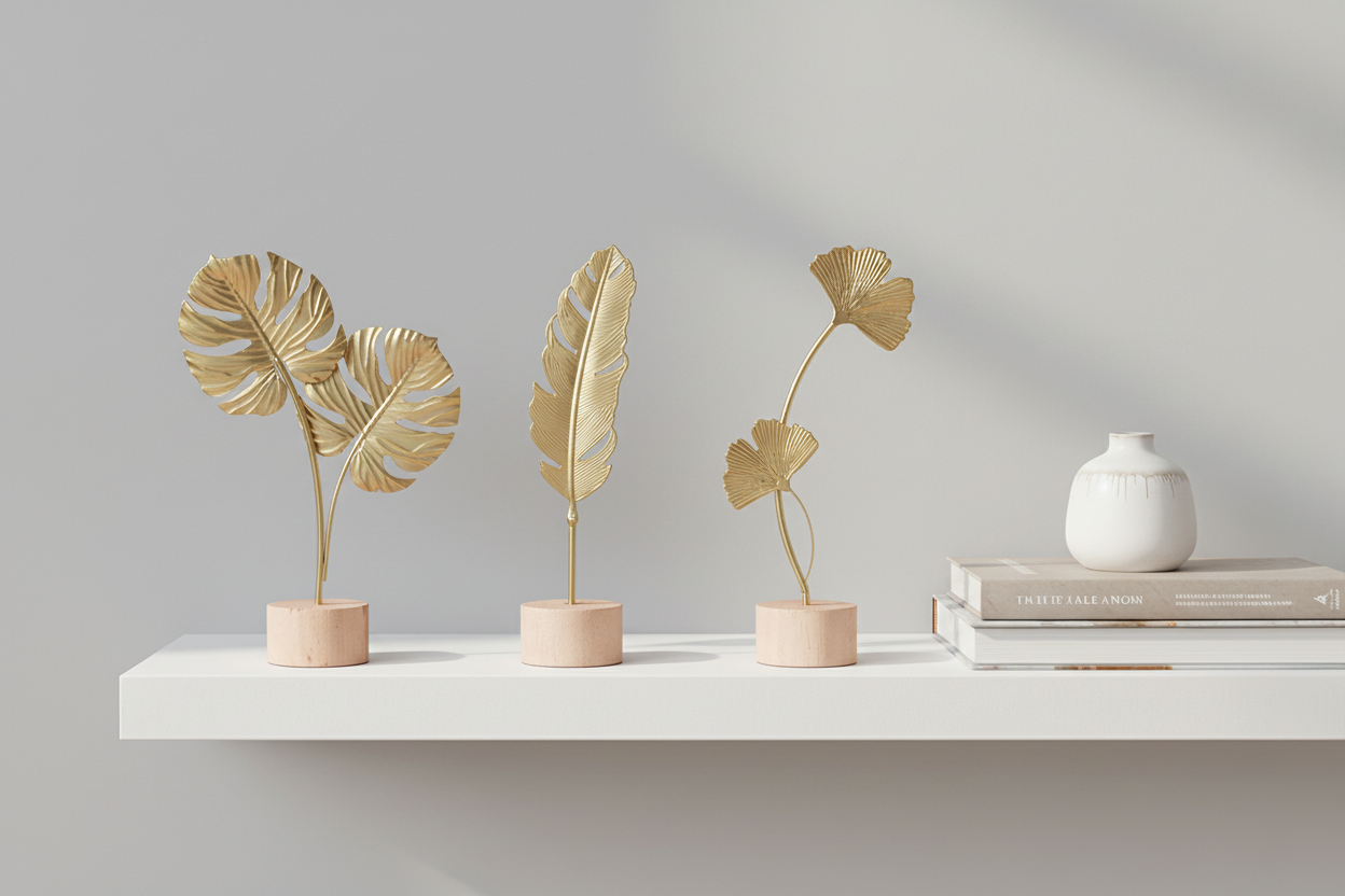Collection de trois sculptures botaniques dorées sur étagère