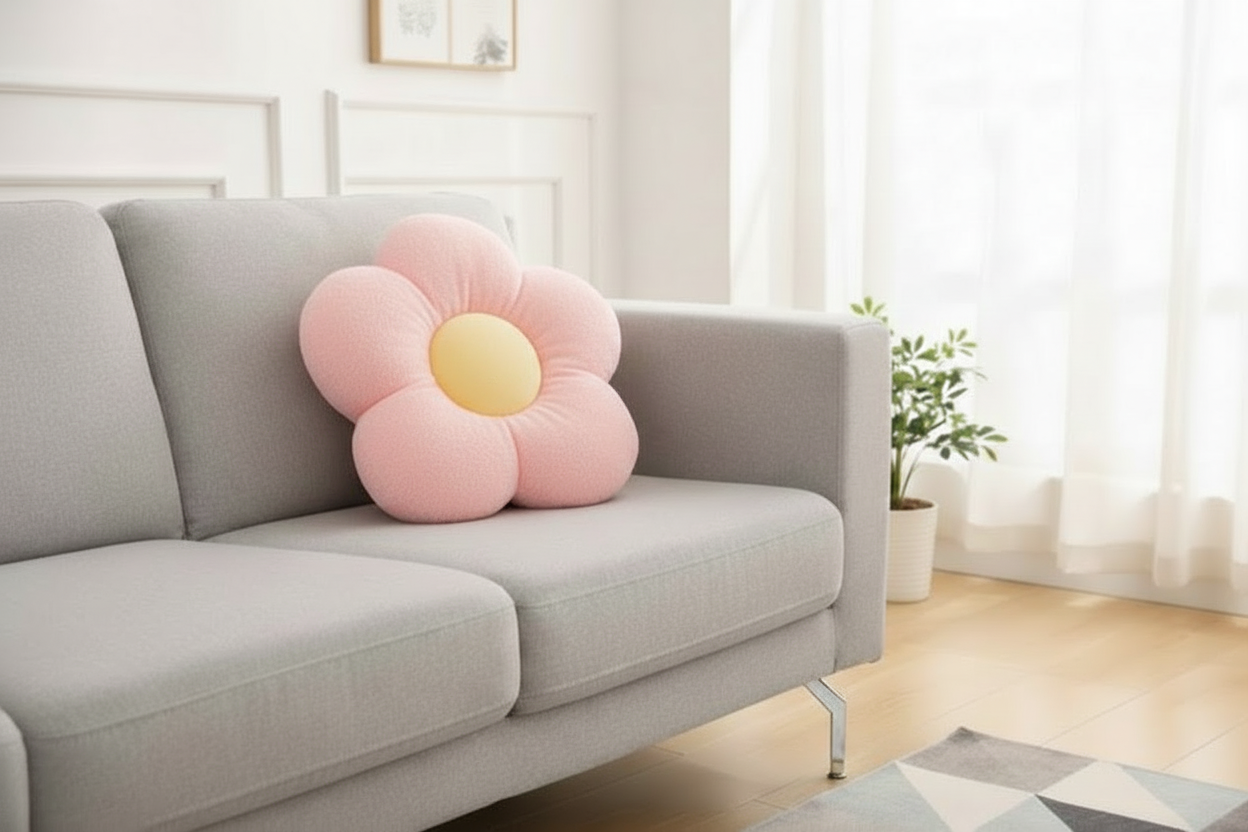 Coussin fleur rose pâle sur canapé