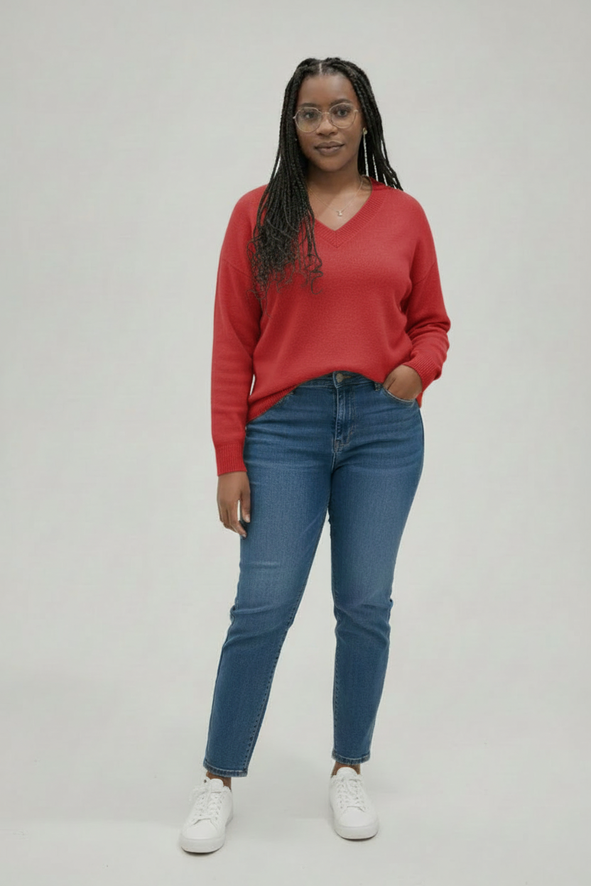 Mannequin avec pull rouge, jean et baskets blanches