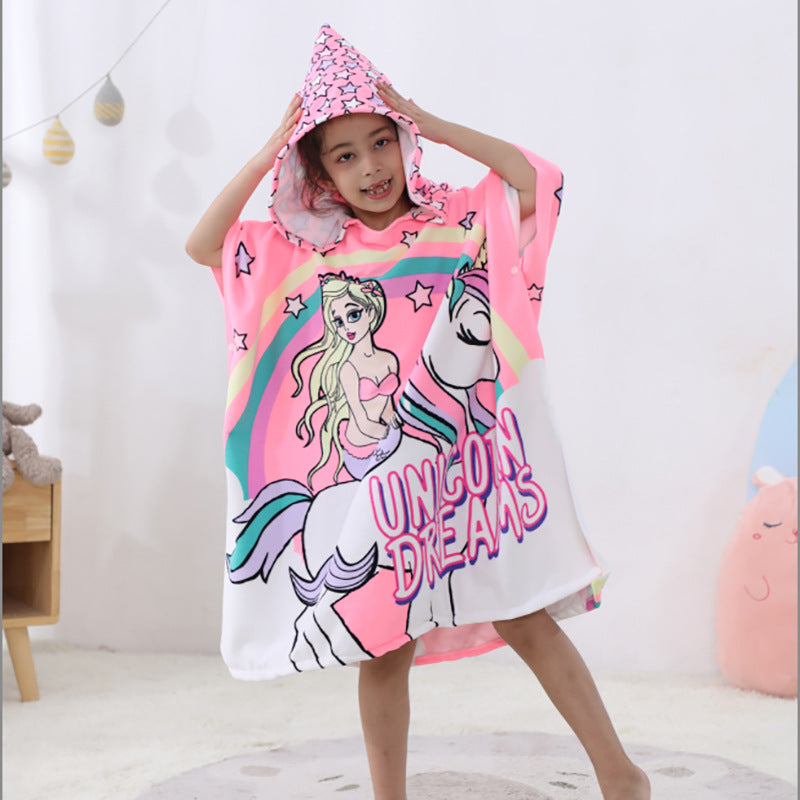 Ultra-fine fiber cartoon printed children's bath towel cape, wearable children's bathrobe, hooded cape, beach towel