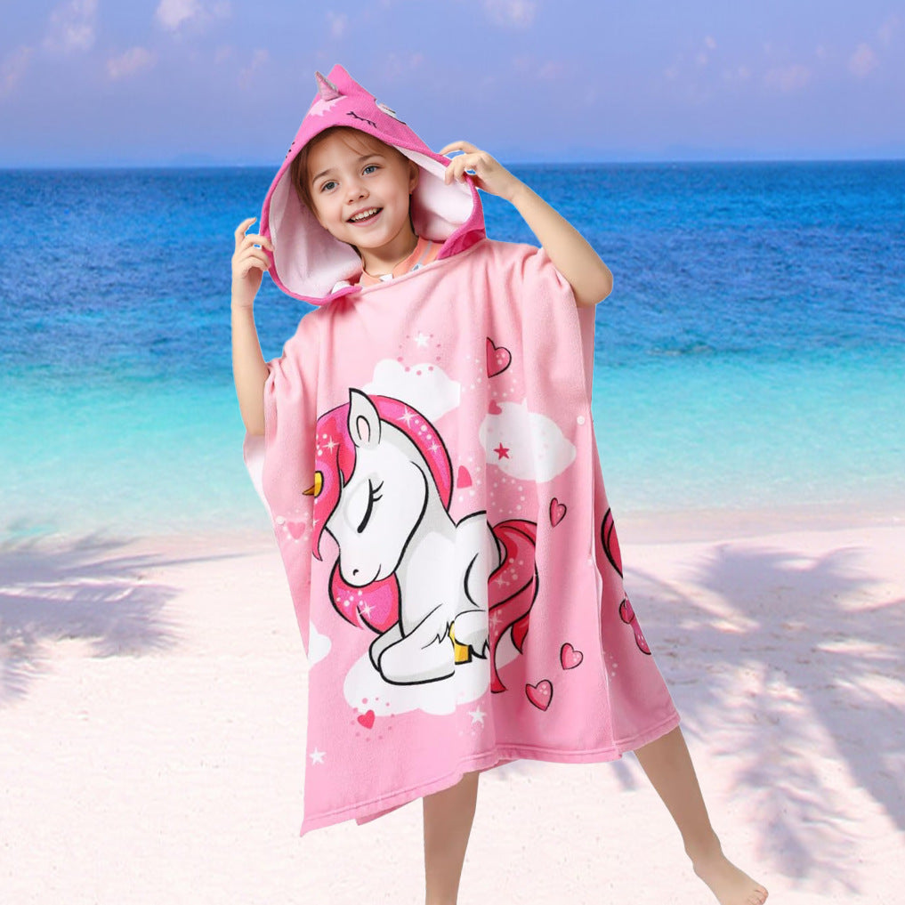 Ultra-fine fiber cartoon printed children's bath towel cape, wearable children's bathrobe, hooded cape, beach towel