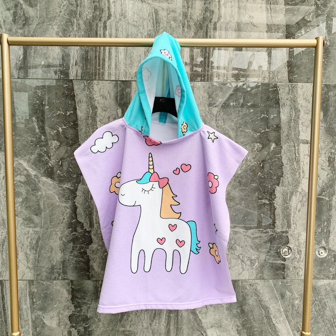 Ultra-fine fiber cartoon printed children's bath towel cape, wearable children's bathrobe, hooded cape, beach towel