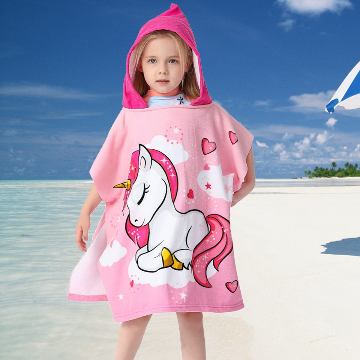 Ultra-fine fiber cartoon printed children's bath towel cape, wearable children's bathrobe, hooded cape, beach towel