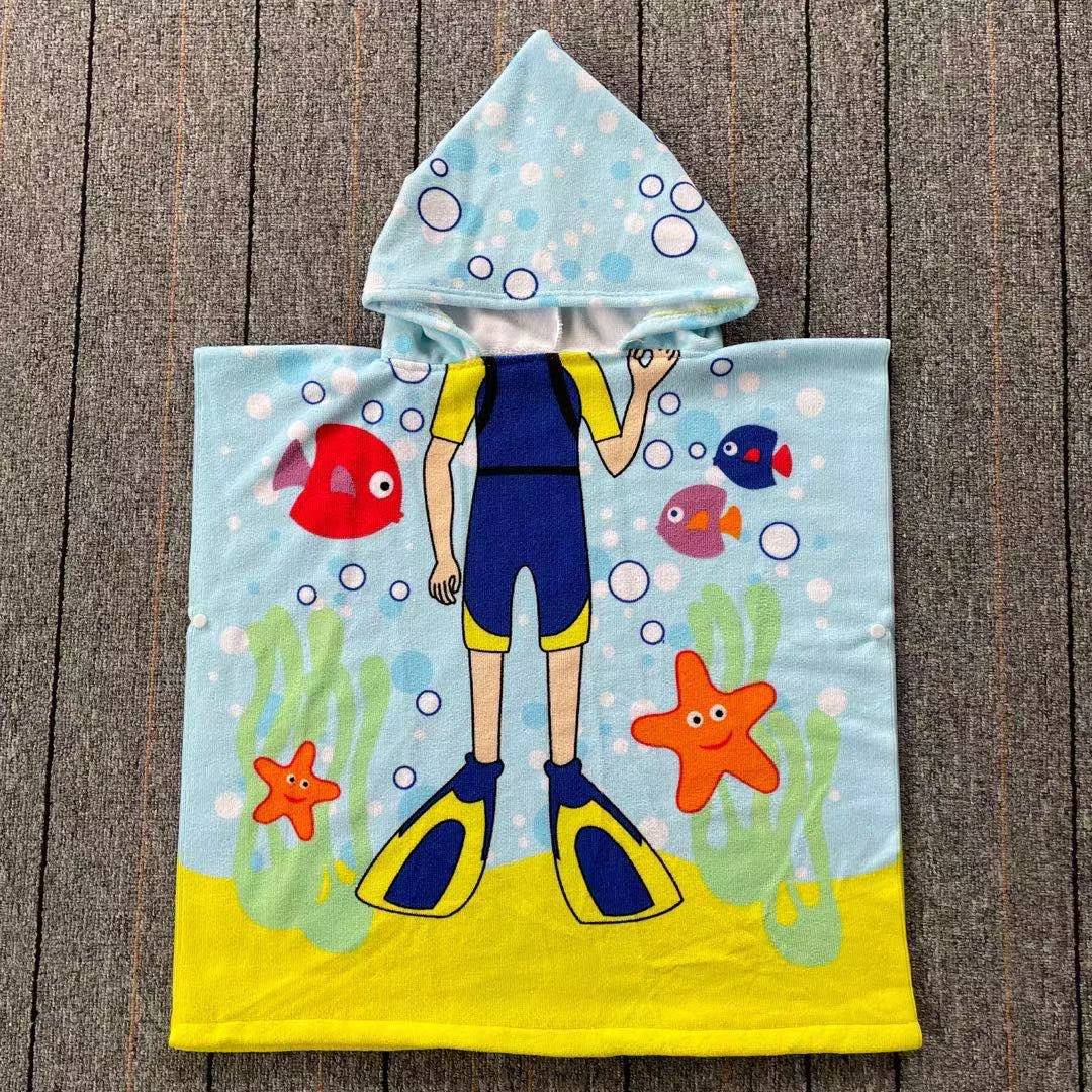 Ultra-fine fiber cartoon printed children's bath towel cape, wearable children's bathrobe, hooded cape, beach towel