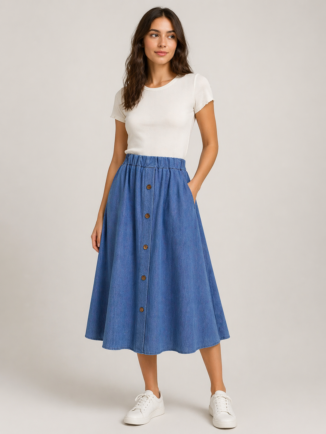Jupe midi boutonnée effet denim