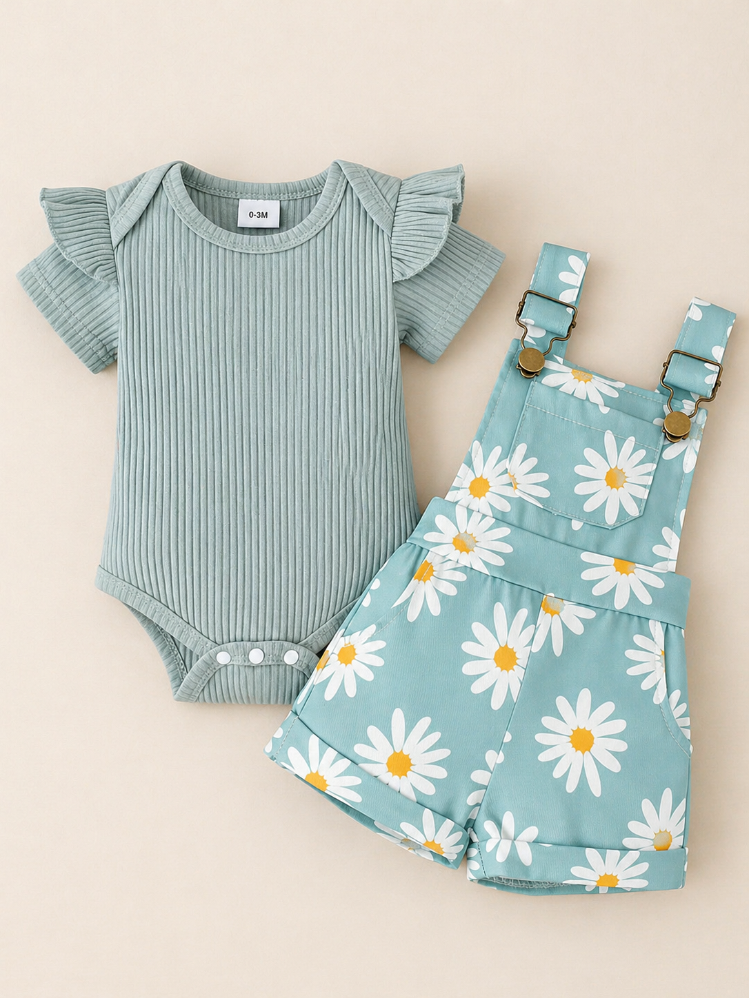 Ensemble body côtelé & salopette fleurie
