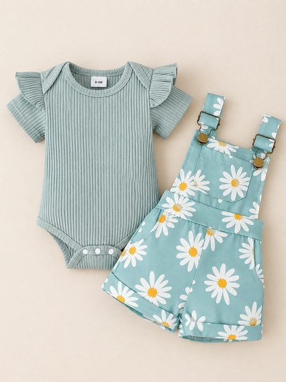 Ensemble body côtelé & salopette fleurie