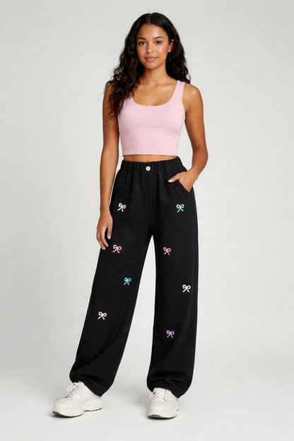 Pantalon Large Noir à Nœuds Colorés