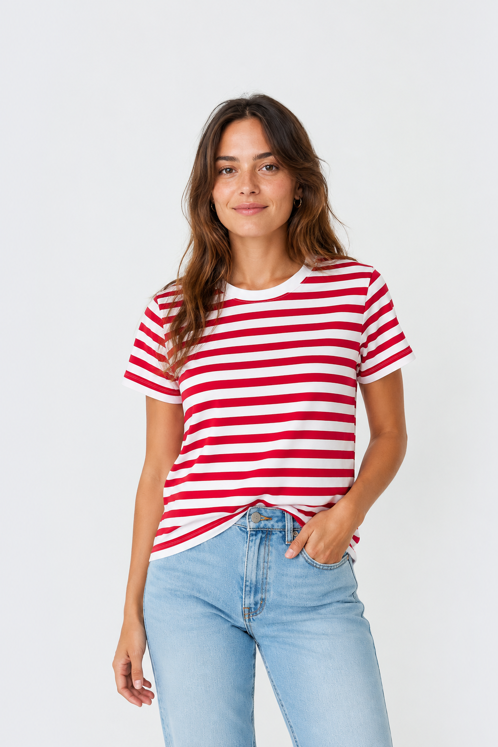 T-shirt à rayures rouges et blanches manches courtes col rond femme