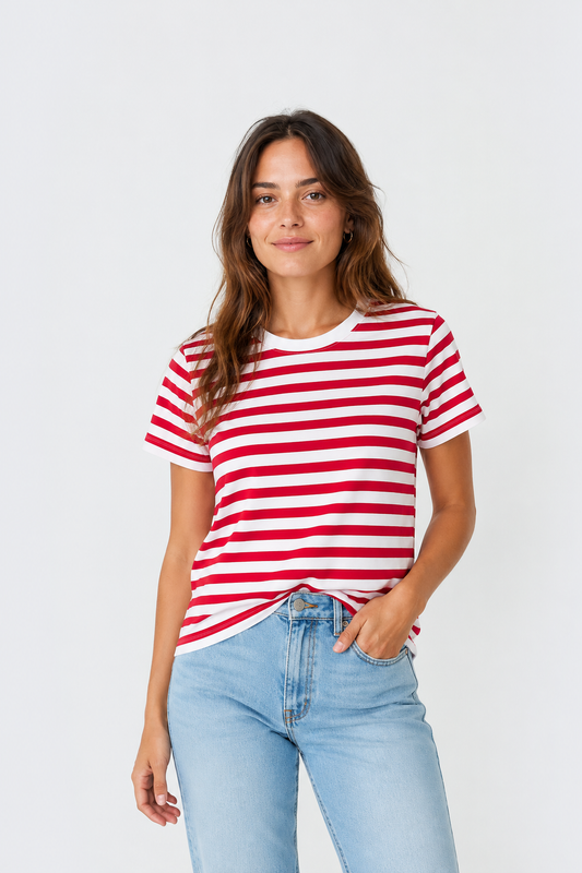 T-shirt à rayures rouges et blanches manches courtes col rond femme