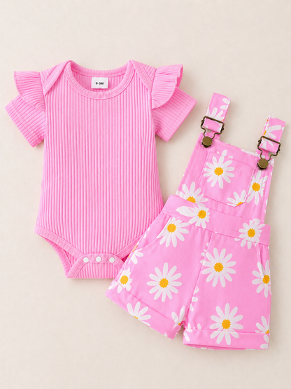 Ensemble body côtelé & salopette fleurie