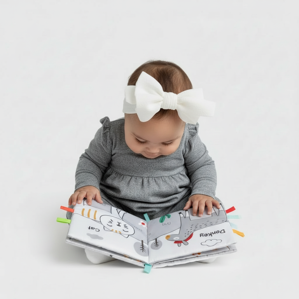 Bébé avec la tête très baissée regardant le livre