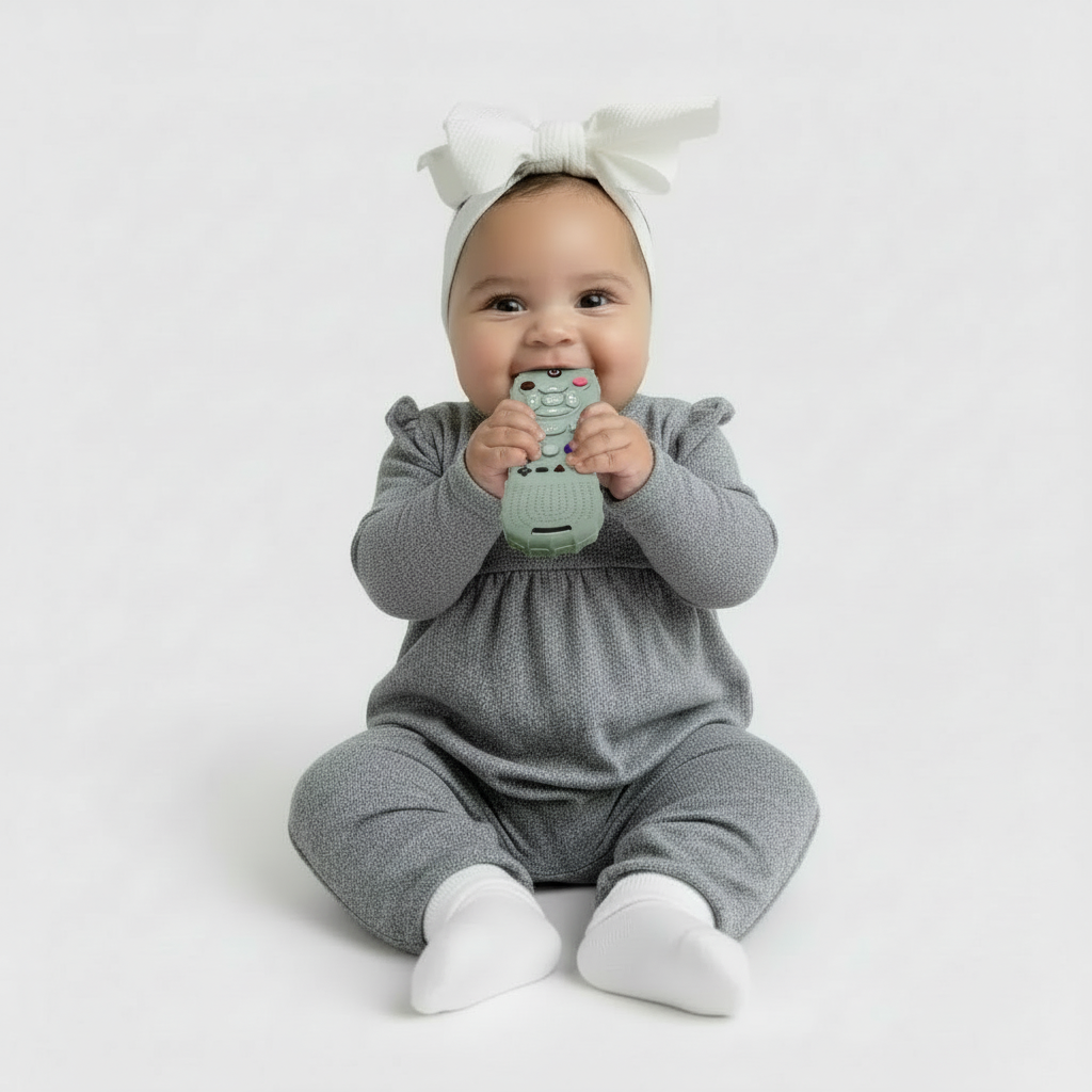 Bébé avec télécommande à la bouche - visage préservé