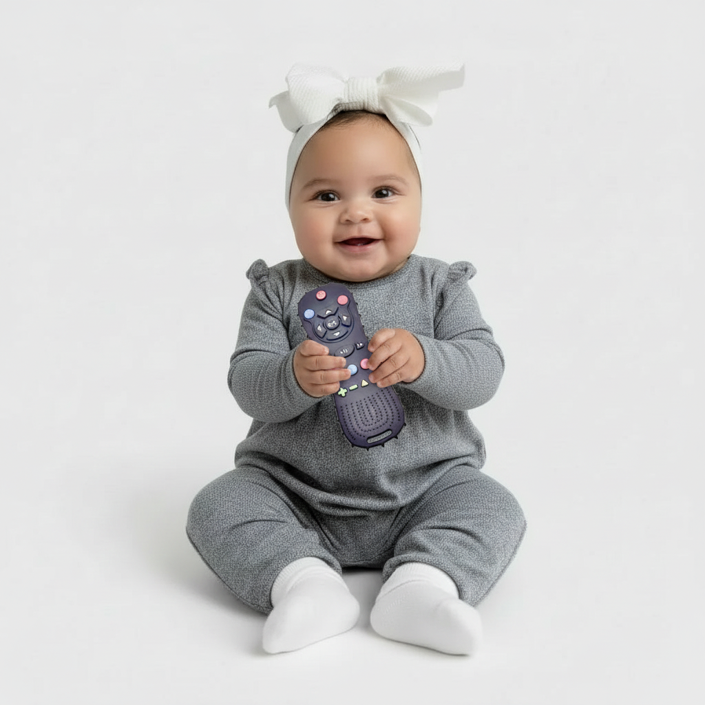 Bébé jouant avec la télécommande proportionnée