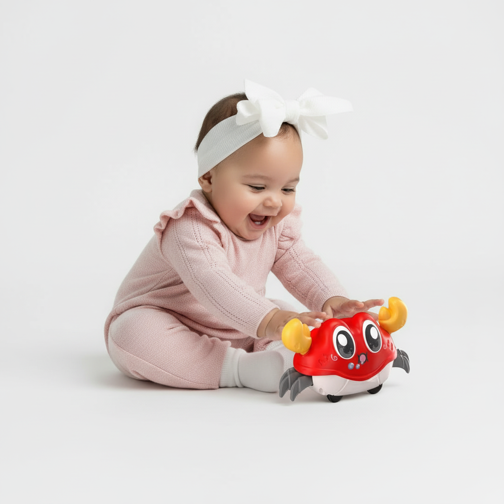 Bébé jouant avec le jouet crabe