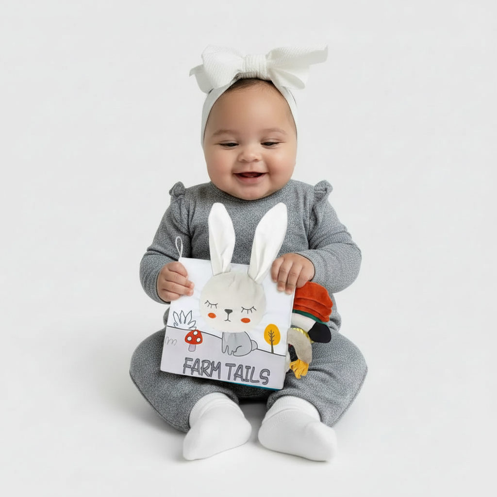 Bébé jouant avec le livre Farm Tails