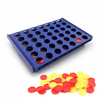 Blue game board with red and yellow pieces