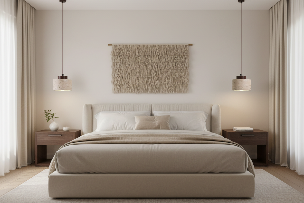 Deux lampes suspendues au-dessus des tables de chevet