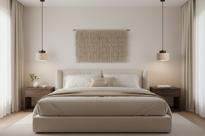 Deux lampes suspendues au-dessus des tables de chevet