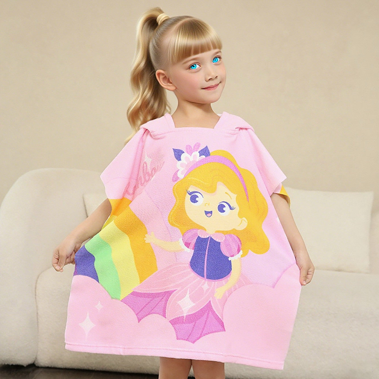 Ultra-fine fiber cartoon printed children's bath towel cape, wearable children's bathrobe, hooded cape, beach towel