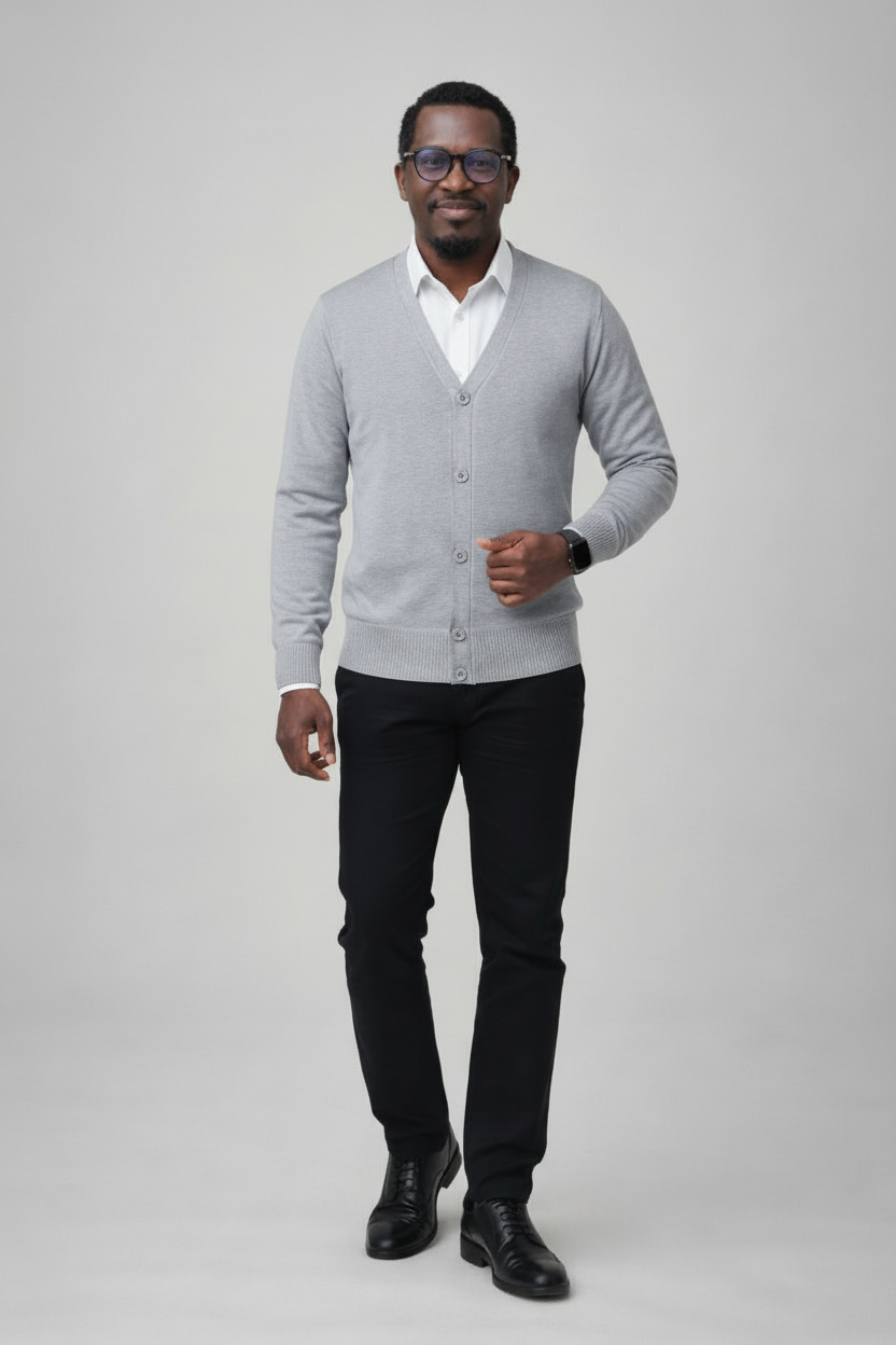 Man in gray cardigan with white shirt