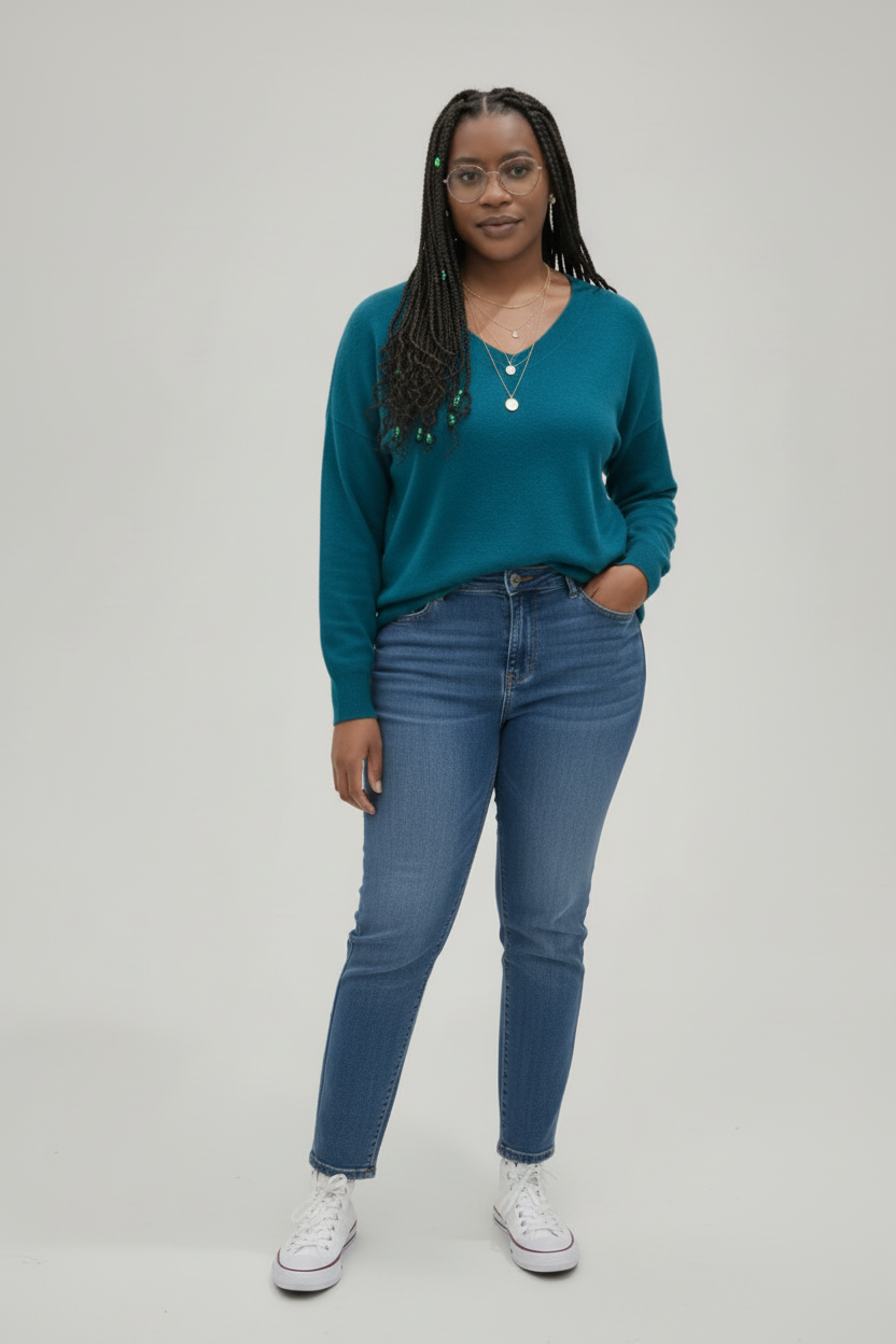 Mannequin avec pull bleu, jean et baskets blanches