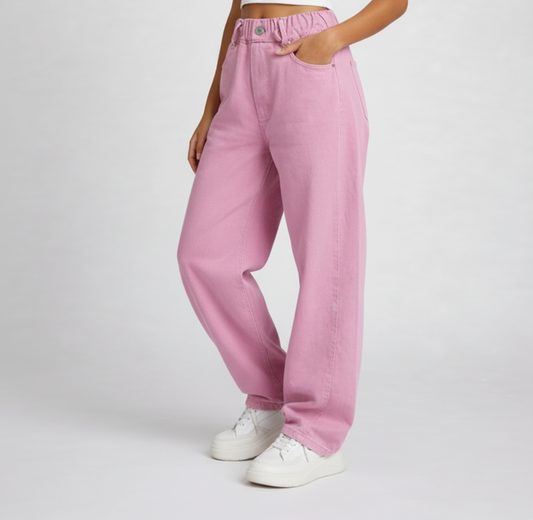 Pantalon large rose taille élastique