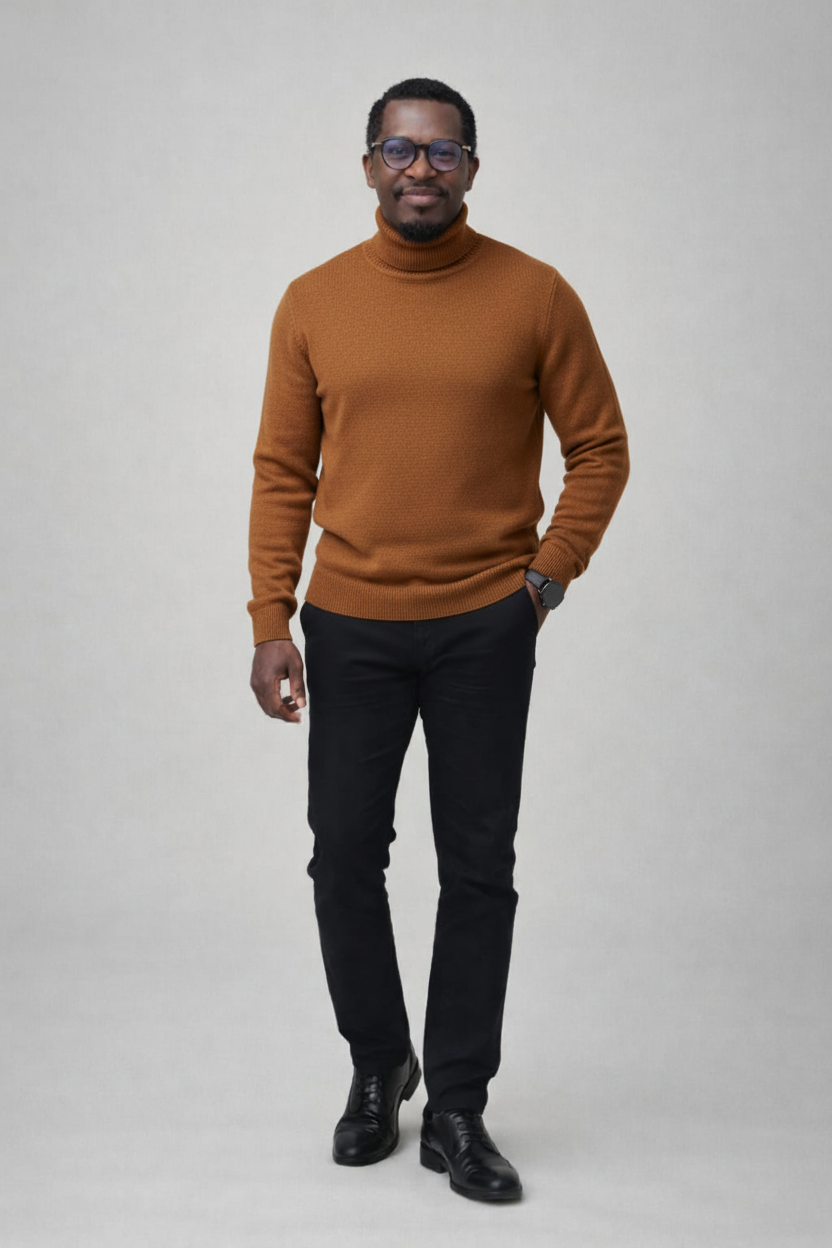 Pull col roulé camel sur mannequin