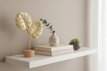 Sculpture de feuilles monstera dorées mise en scène