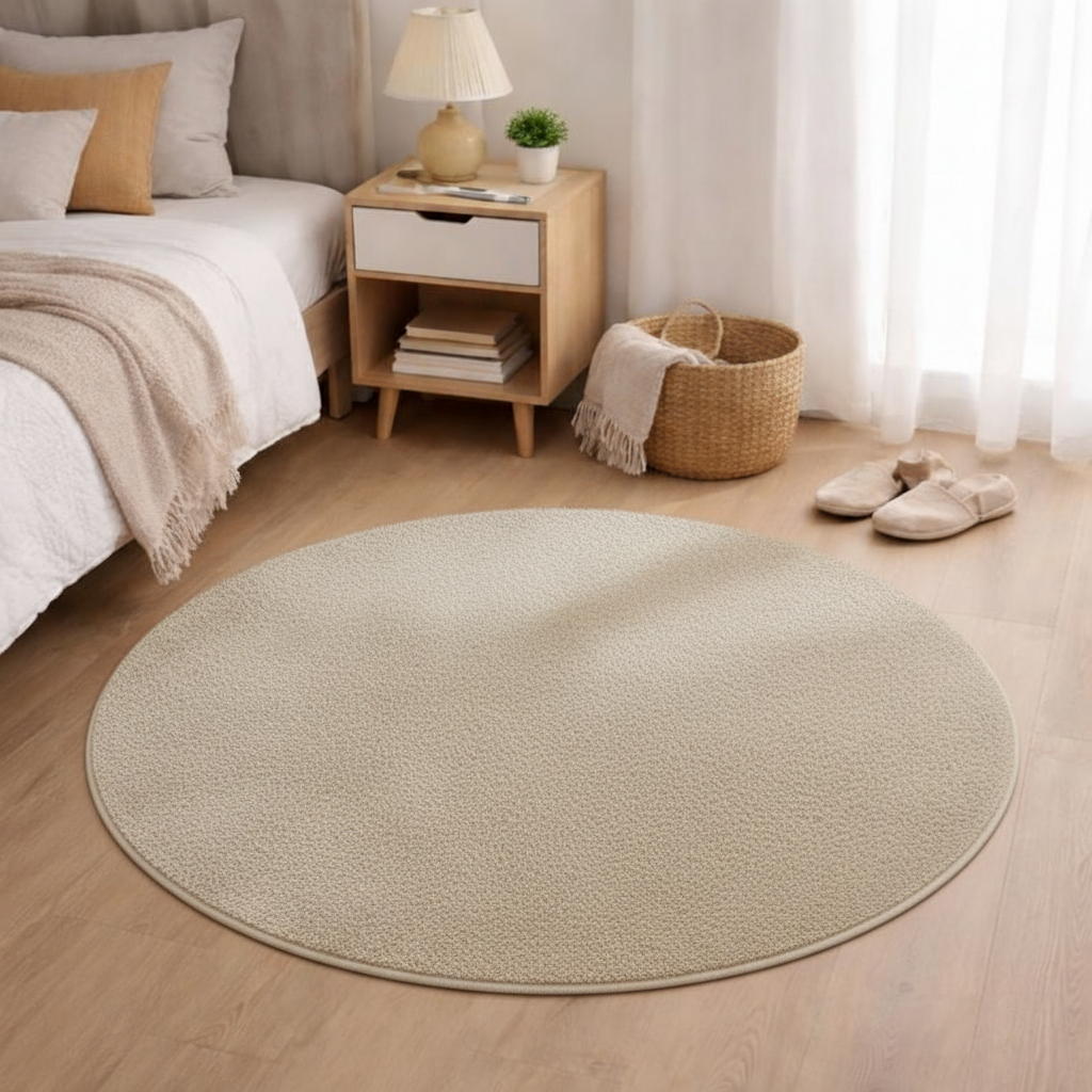 Tapis rond beige dans chambre - format carré