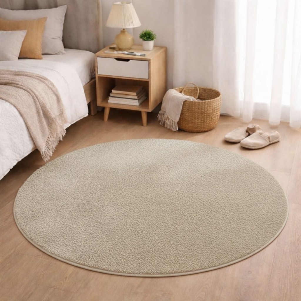 Tapis rond beige dans chambre