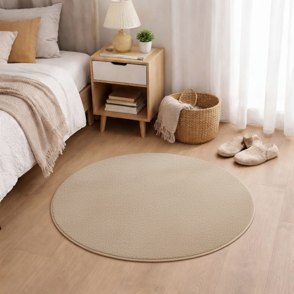 Tapis rond beige dans la chambre
