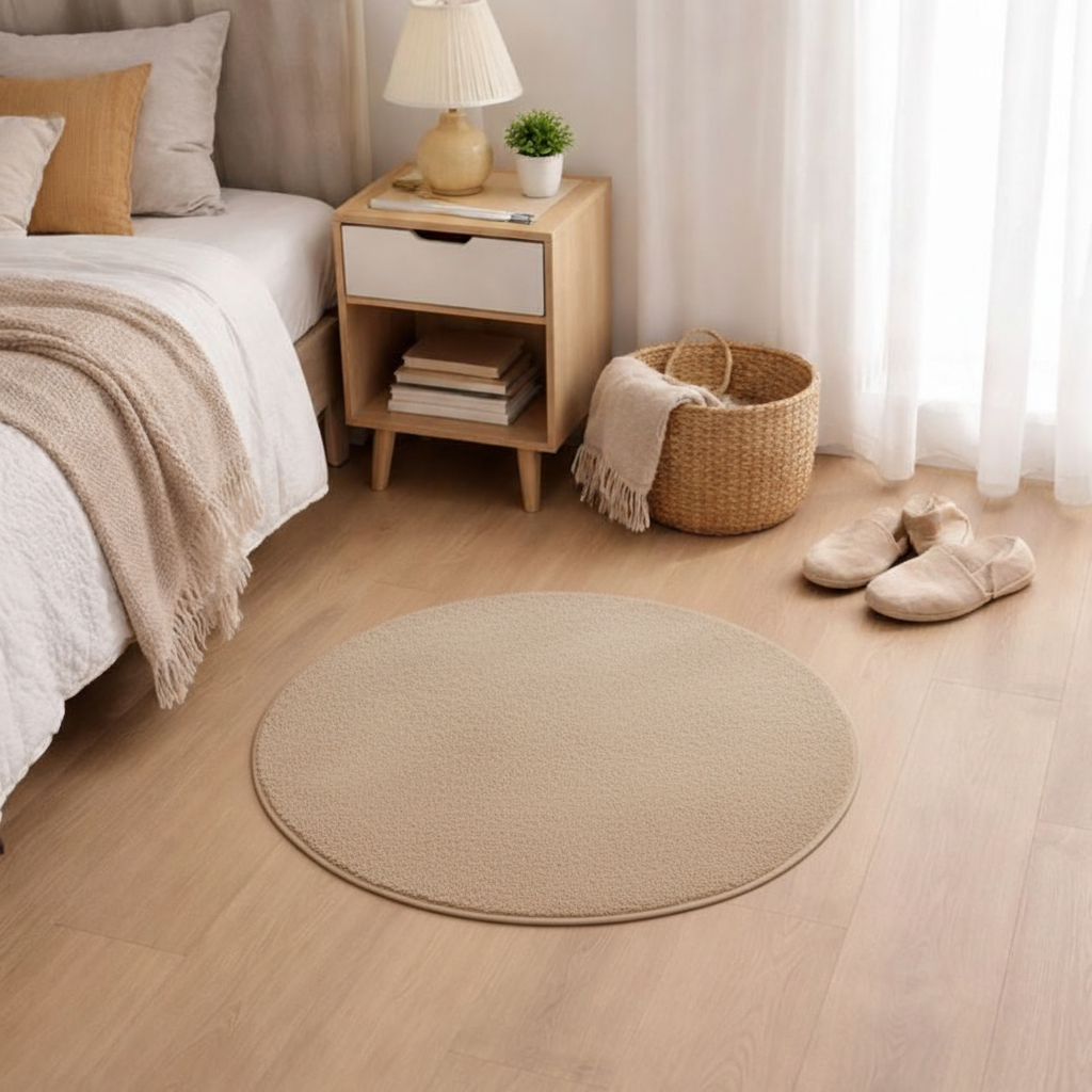 Tapis rond beige dans la chambre