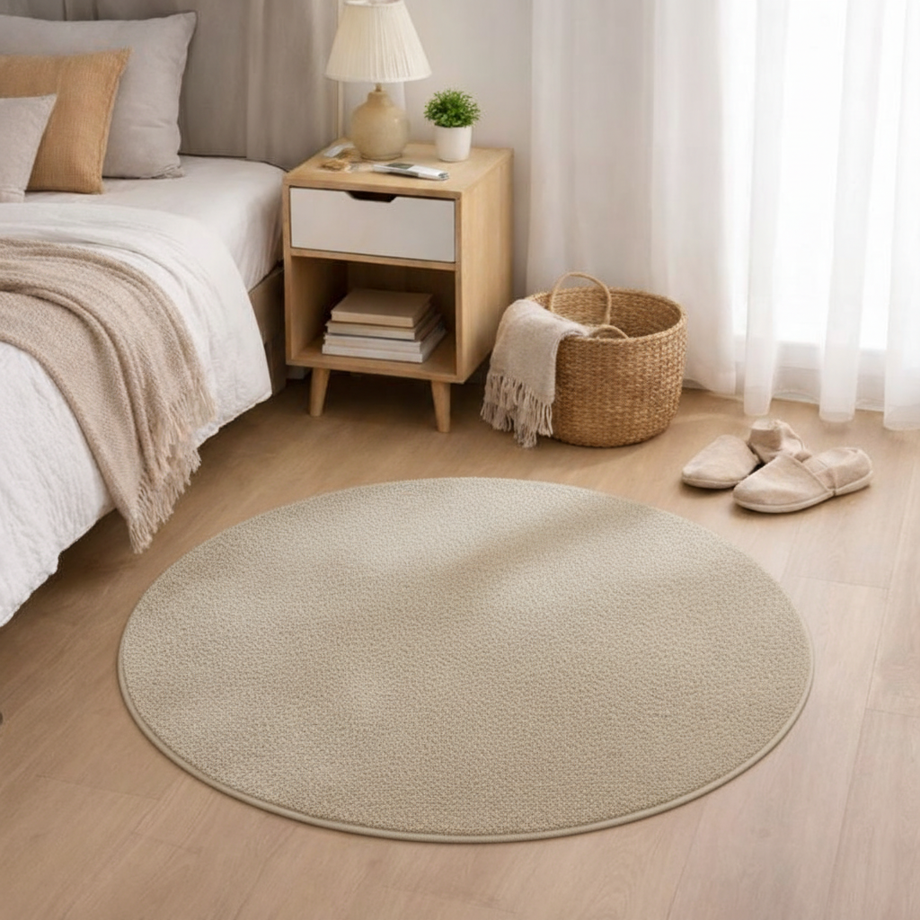 Tapis rond beige dans la chambre