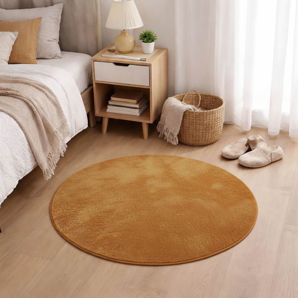 Tapis rond orange moutarde dans chambre - format carré