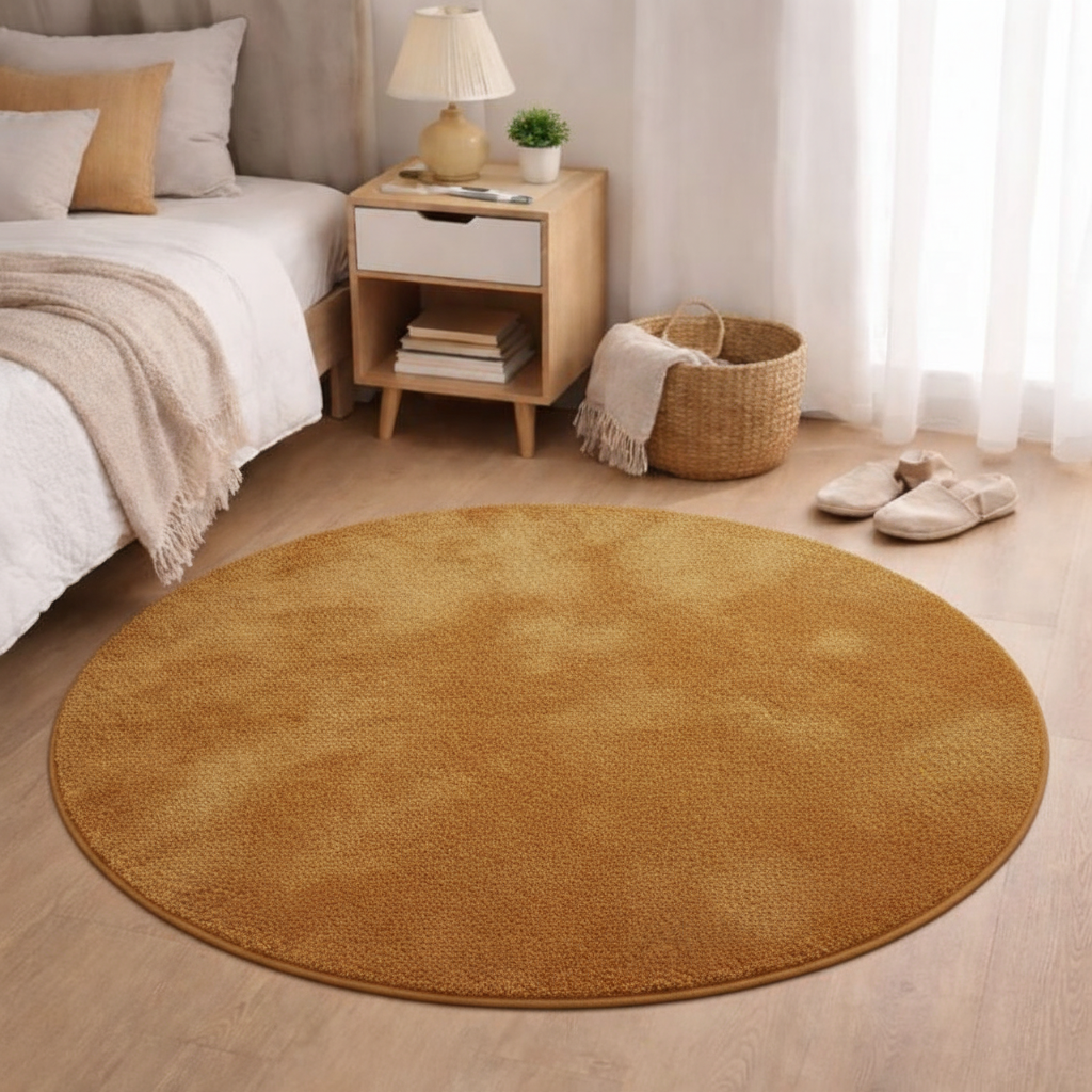 Tapis rond orange-moutarde dans chambre