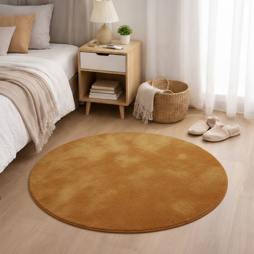 Tapis rond orange moutarde dans chambre