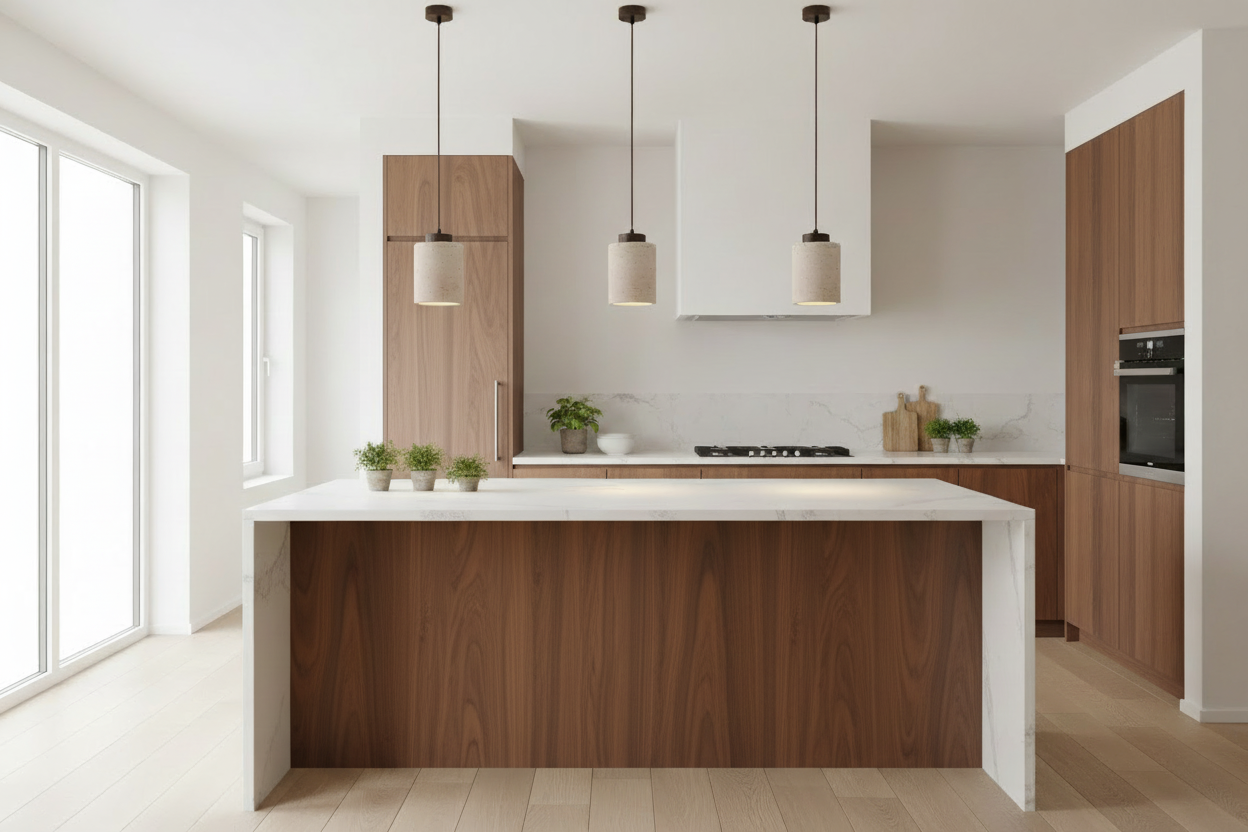 Trois lampes dans une cuisine lumineuse avec bois foncé